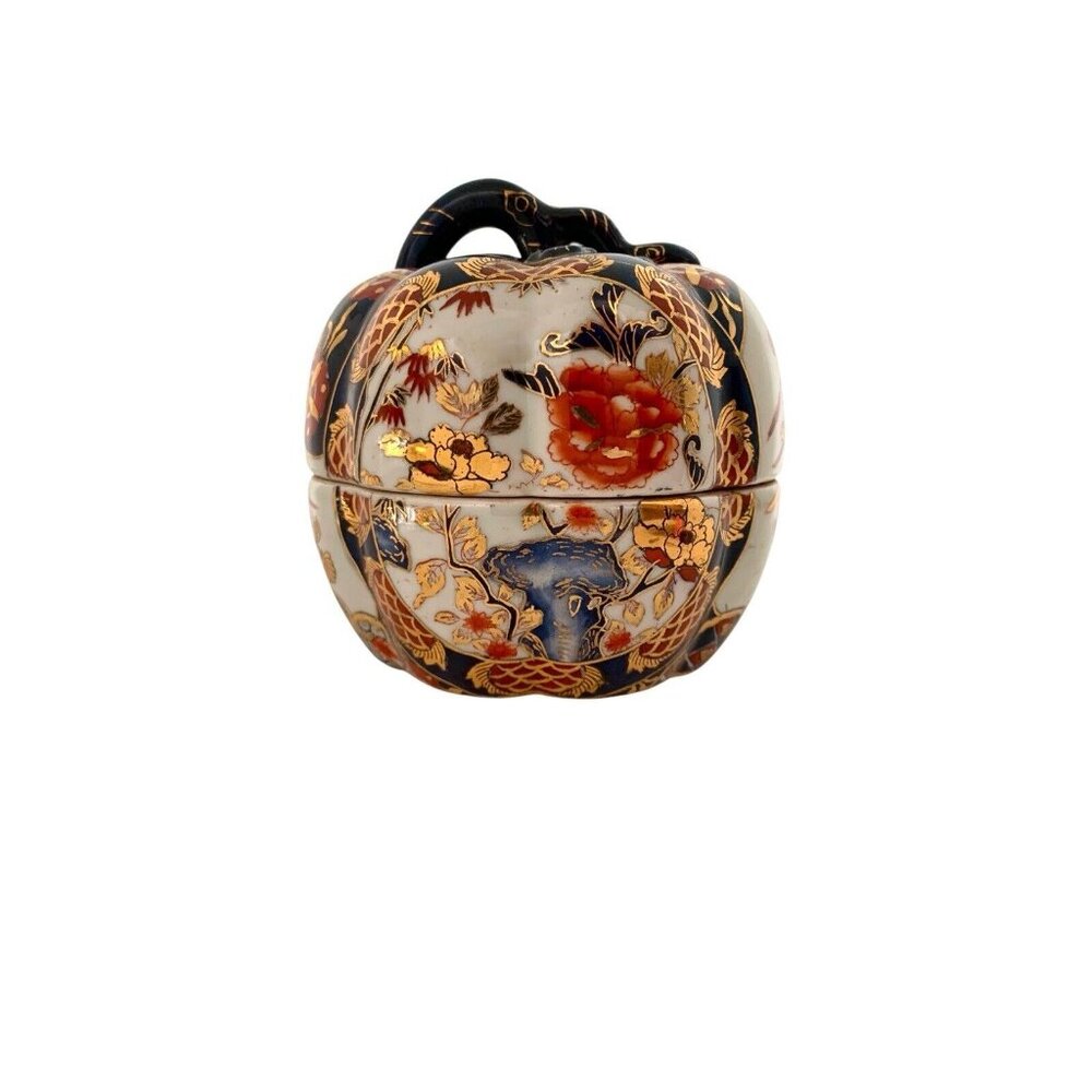 Trinket Jar Vintage Porcelain Pumpkin Shape Japanese Imari Design Oriental Decor